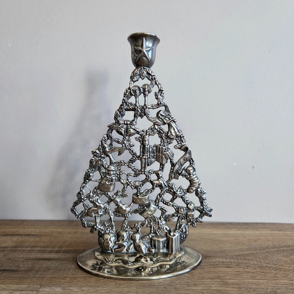 Vintage Elegance silver plated Christmas tree candleholder. Holiday decor.